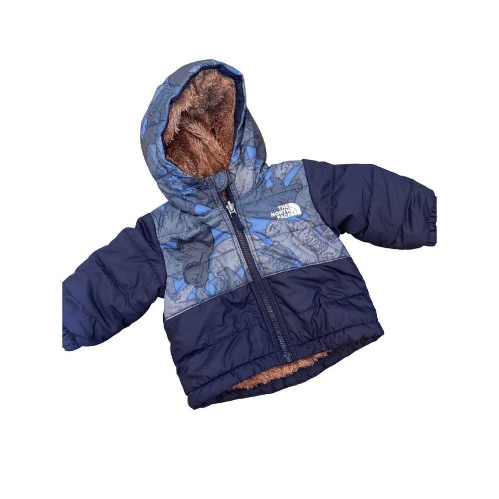 The North Face Jacket Infant 3-6M Navy Brown Reversible Hooded Fleece Puffer